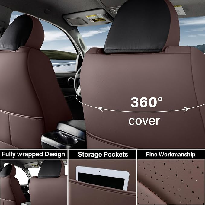 Coverado Tacoma Seat Covers, Leather Front Car Seat Covers for Toyota Tacoma, Car Seat Protector Compatible with 2005-2023 Toyota Tacoma Double/Crew Cab(Brown)
