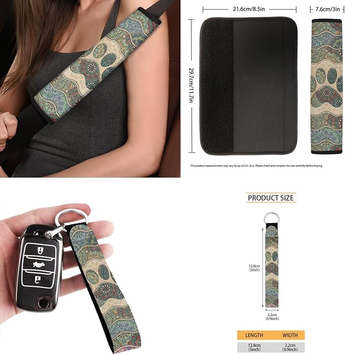 Boho Dog Paw Car Seat Covers Set of 15 with Universal Steering Wheel Cover, Rearview Mirror Cover, Car Trash Can, Seatbelt Pads, Cup Holder Coasters, Keychains
