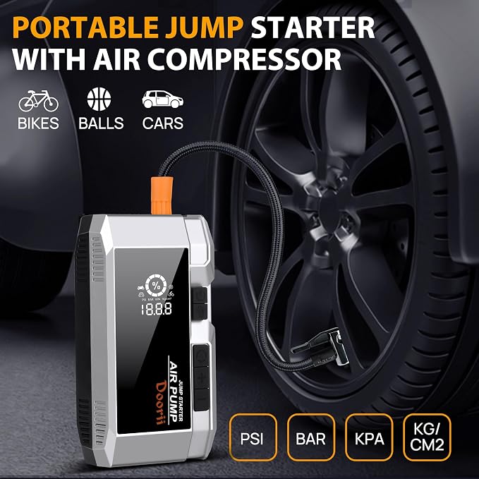 8000A Car Jumper Starter Portable with PD65W USB-C Fast Charging(in/Out), 10-in-1 Jump Starter with Air Compressor, 150PSI Tire Inflator for Up to All Gas/12L Diesel