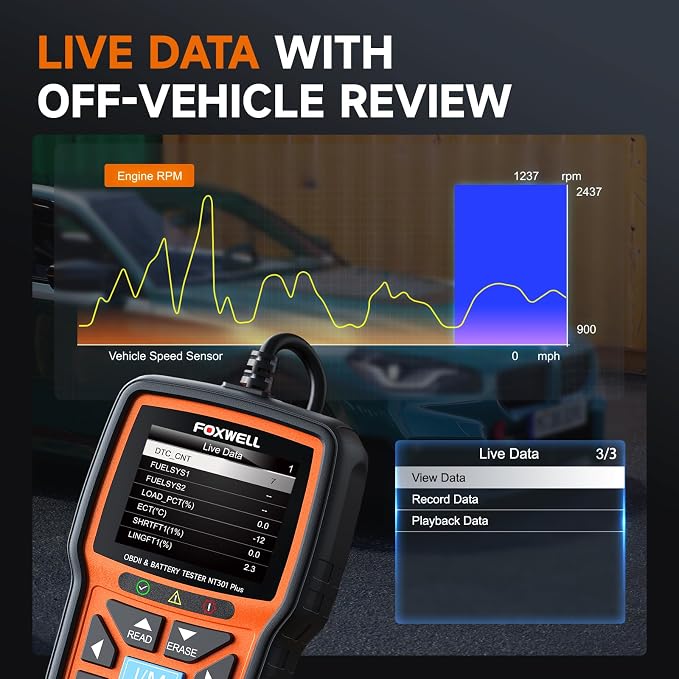FFOXWELL NT301 Plus 2 IN1 OBD2 Scanner Battery Tester and 16pin OBD2 Extension Cable Scan Tool Battery Charging Cranking Test, Check Engine EVAP Check