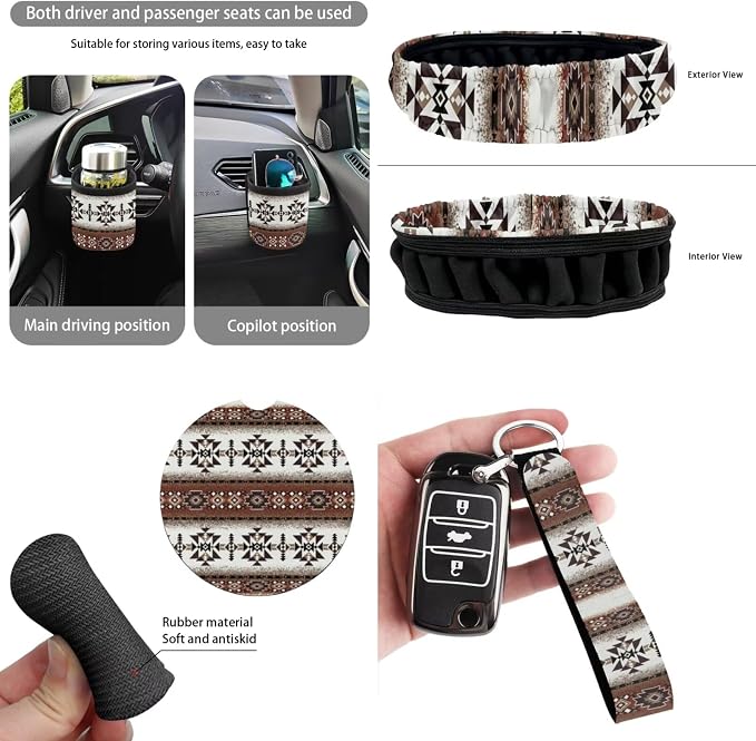 Dreaweet Navajo Car Seat Covers Full Set 15 Pcs Southwestern Native American Geometric Tribal Steering Wheel Cover Seat Belt Pads Coasters Trash Bag Vent Storage Pouch Rearview Mirror Cover Keychain