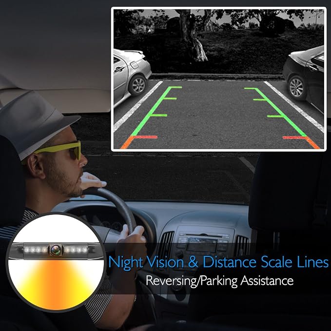 License Plate Frame Backup Camera - Built-in Distance Scale Lines Backup Parking Reverse Assist Marine Grade Waterproof IP-67 Adjustable Slim Bar Cam Night Vision w/ 420 TVL Resolution - Pyle PLCM29MS