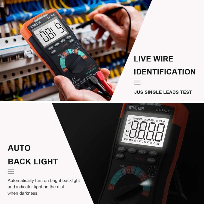 True RMS Digital Multimeter Tester 6000 Counts AC DC 20A Ohmmeter Voltmeter DMM Measure Voltage Current Amp Resistance Diodes Continuity Duty-Cycle Capacitance Temperature (BTMETER BT-770T)