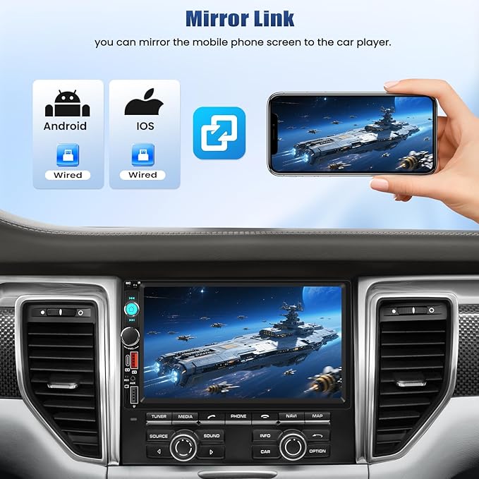 CAMECHO 7 Inch Double Din Car Stereo Touch Screen Bluetooth Car Radio Support Mirror Link FM Radio USB/Type-C/AUX/SD Input Car Audio Receivers Multimedia MP5 Player 2 Din Head Unit