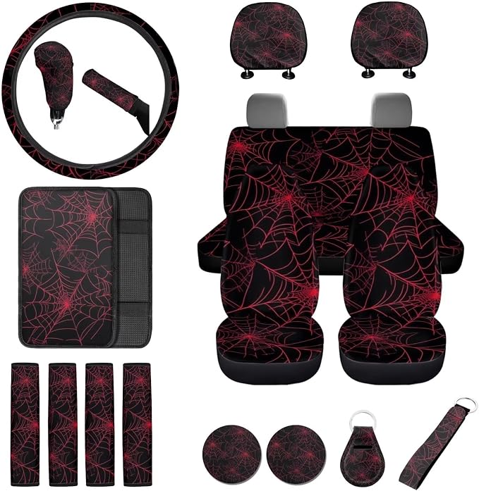 18Pcs Spider Web Auto Seat Cover Full Set Car Steering Wheel Protector+Handbrake Cover+Armrest Cushion+Seat Belt Cushion+ Headrest Protector+Car Coaster+Keychain,Red