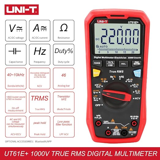 UNI-T UT61E+ 1000V 20A Digital Multimeter 22000 Counts Display NCV hFE Auto Range True RMS AC/DC Voltage Current Resistance Capacitance Tester