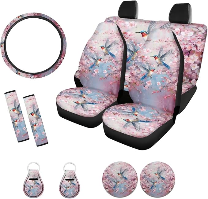 Suobstales Hummingbird Cherry Blossom Print Car Seat Covers Full Set for Women Girly Seat Cover Protector Auto Decorative with Steering Wheel Cover +Seat Belt Covers +Coasters +Keychains