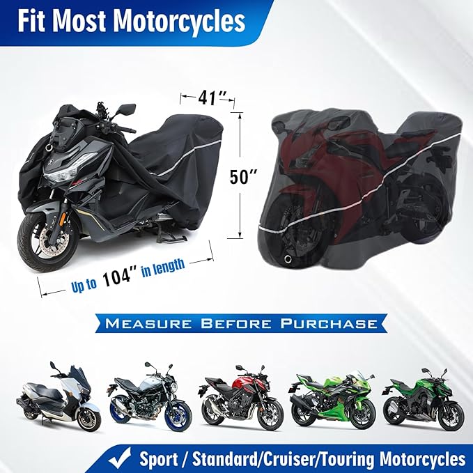 Motorcycle Cover 600D Heavy Duty Waterproof Outdoor All Season Protection Durable Rain UV Windproof Elastic Hem Storage Bag&Night Reflective Vehicle Covers Fit up to 104" Motorcycles