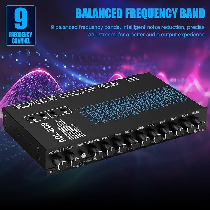 Facmogu 9-Band Car Audio Equalizer, Car Graphic Equalizer EQ W/Front, Rear + Sub Output, 8V RMS Line Driver, Adjustable Audio Output for Car, Boat, W/CD/AUX Input Select & White Light Illumination