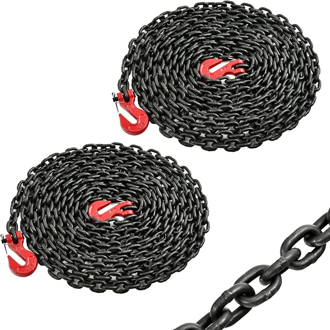 Heavy Duty G80 Transport Binder Chain 1/4'' Inch x 20 Feet,Tow Chain with G70 Clevis Grab Hooks,3300 lbs Safe Working Load Logging for Transporting, Towing(1/4'' x 20FT Black)-2 Packs.