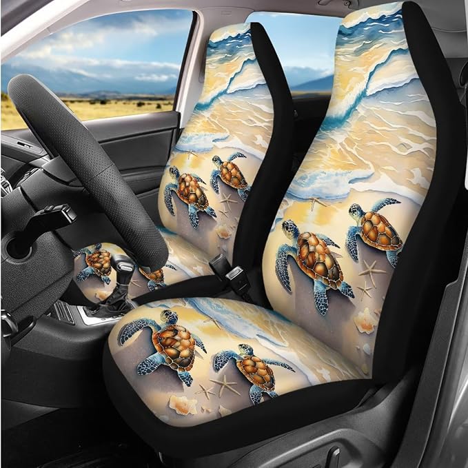 Bulopur Beach Sea Turtle Auto Seat Covers Full Set with Car Armrest Pad Seat Belt Covers Keychain American Flag Automotive Interior Decor Set for Truck SUV Van 14 Pack
