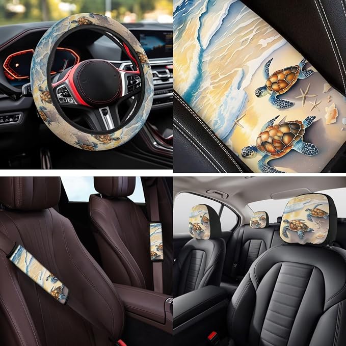 Bulopur Beach Sea Turtle Auto Seat Covers Full Set with Car Armrest Pad Seat Belt Covers Keychain American Flag Automotive Interior Decor Set for Truck SUV Van 14 Pack