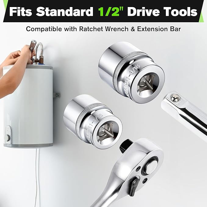 Dreyoo Anode Rod Socket Wrench Kit, 1-1/16" & 1-3/16" Short Socket Set with PTFE Tape, 1/2" Drive 6-Point Chrome Vanadium Sockets for Water Heater and Corro-Protect Powered Anode Rod Installation