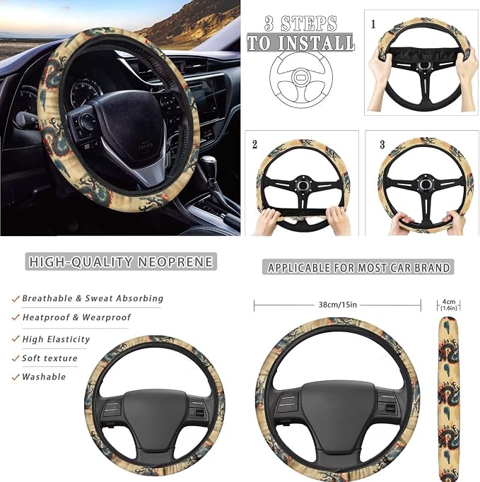 AFPANQZ Retro Dragon 11 Pcs Car Seat Cover of Front Rear Full Set Car Accessories Include Hand Brake and Gear Shift Knob Cover, Seat Belt Pads, Steering Wheel Cover for Womens