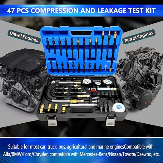 47PCS Compression and Leakage Test Kit Petrol & Diesel Compression Tester Kit Automotive Cylinder Leak Down Tester with Dual Gauge Engine Compression Tester Kit for HDI, TDCi, Pumpe Duse Engine
