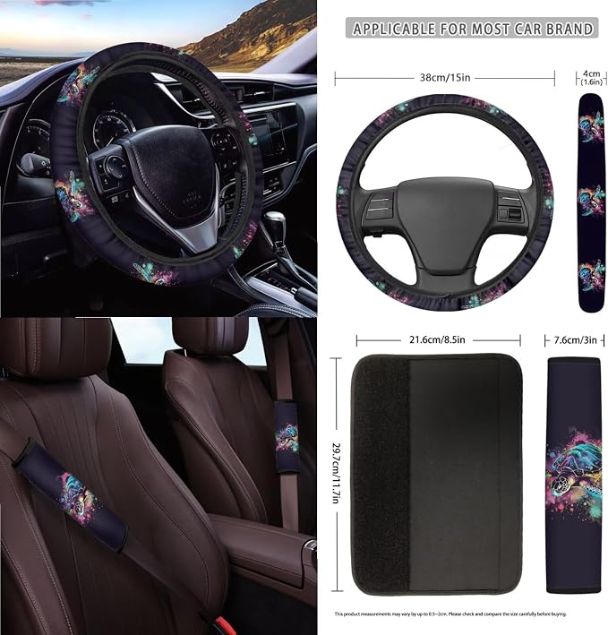 Turtle Paint Spatter Print Car Accessories Set of 15, Auto Seat Protector Steering Wheel Cushion Seat Belt Pad Air Vent Bag Trash Can Keychain Mirror Cover Cup Coasters