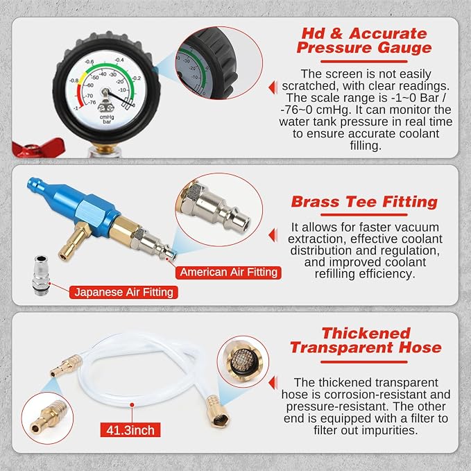 Coolant Vacuum Refill Kit Quick Airlift Coolant Refill Tool, Universal Adapters, Precise Flow Control Pneumatic Vacuum Fill Coolant, Cooling System Vacuum Purge & Refill Kit for Most Vehicles
