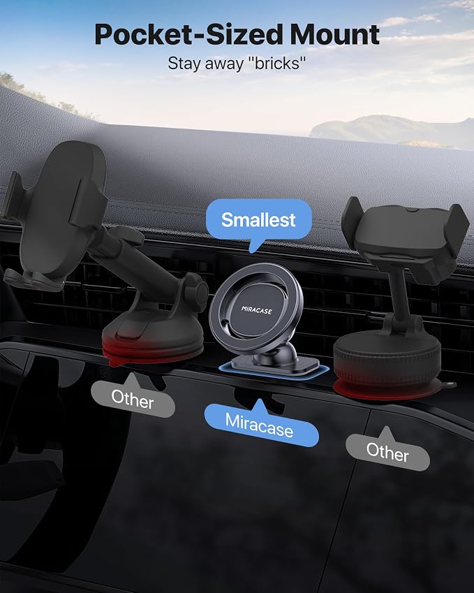 Miracase Latest Upgrade for MagSafe Car Mount [33+LBS Strong Suction & 2200gf Magnetic] Small Phone Holders for Your Car Dashboard, 360° Adjustable Car Phone Holder Mount for iPhone Garmin GPS