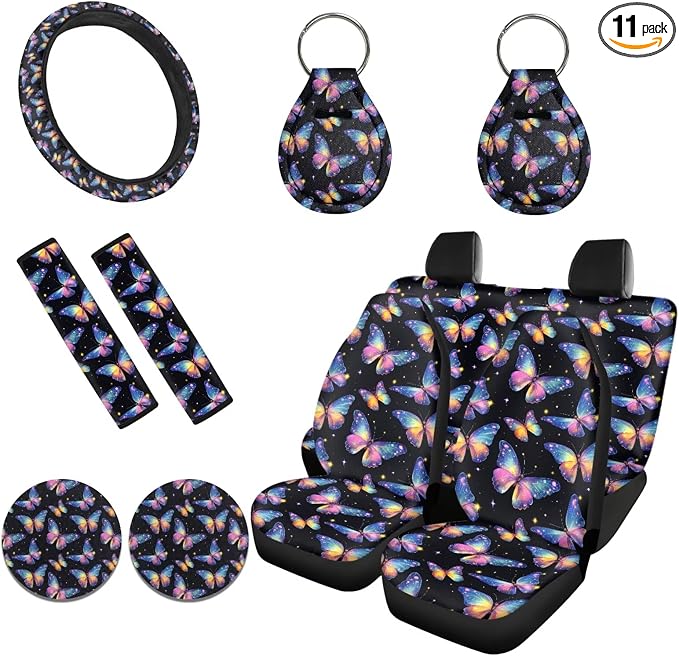 11 Pieces Colorful Butterfly Car Seat Covers Full Set, Steering Wheel/Separate Rear Seat Cover Seat Belt Coasters Keychain for Auto Truck SUV