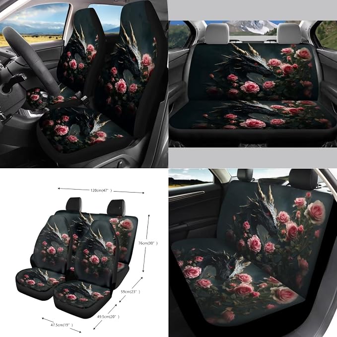 Cool Dragon Roses Print 15Pcs Car Seat Cover Full Set Car Steering Wheel Cover Seat Belt Cover Trash Bin Air Vent Storage Box Front Rear View Mirror Car Cup Holder Keychain