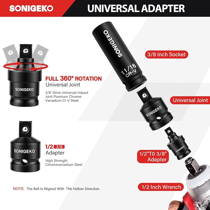 48-Piece 3/8" Drive Impact Socket Set, Standard SAE (5/16 to 3/4 inch) and Metric (8-22mm) Size, 3" and 6" Drive Extension Bar, Impact Universal Joint, 3/8" to 1/2" Impact Adaptor, CR-V Steel