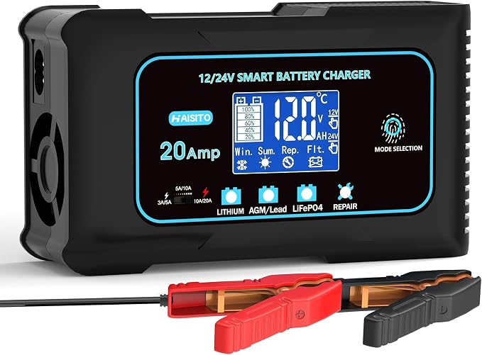 Haisito 20-Amp Smart Battery Charger (12V/24V), [2026 Upgraded] Trickle Charger Maintainer & Desulfator for Car Truck Marine RV - Supports Lithium LiFePO4, AGM, Gel, Lead-Acid