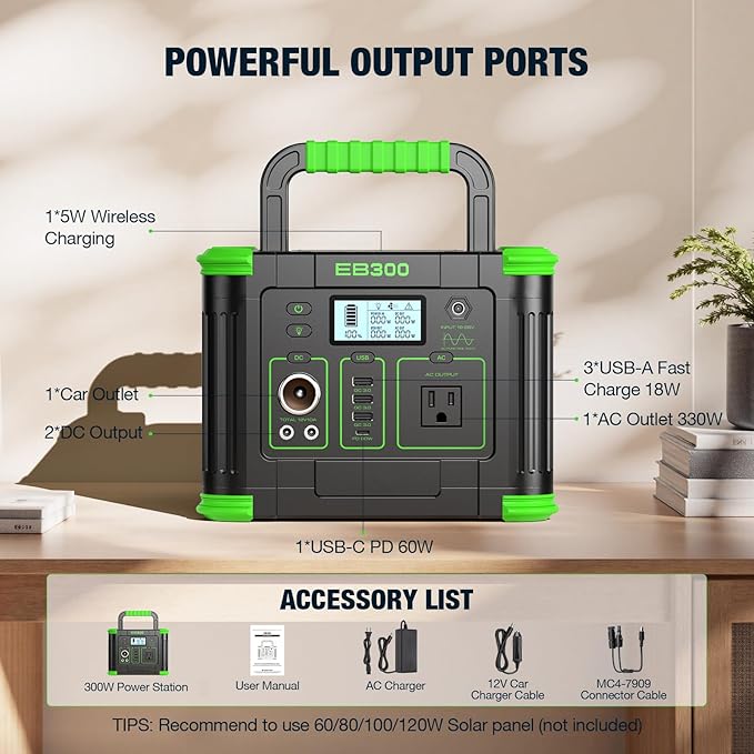 Portable Power Station 330W, 288.6Wh Solar Generator with 60W USB-C PD Output, 110V Pure Sine Wave AC Outlet, 5W Wireless Charging, 330W Backup Lithium Battery for Outdoor Camping Travel Hunting Home
