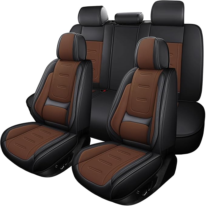 otoez Nappa Leather Car Seat Covers Full Set, Breathable Leather Automotive Seat Covers Front & Rear Seat Protectors with Lumbar Support, Universal Fit for Most Cars SUV Truck Sedan(Black+Brown)