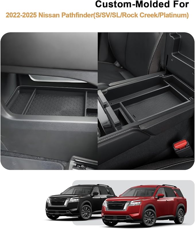 ECOZEN 2026 Pathfinder Center Console Organizer - 2 Pcs Armrest Box Organizer + Lower Console Organizer Tray Set For 2022-2025 2026 Nissan Pathfinder(S/SV/SL/Rock Creek/Platinum) Accessories