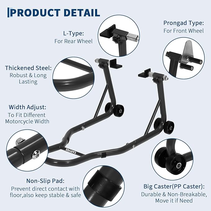 Garvee Motorcycle Stands Front and Rear, 900 LB Heavy Duty Front & Rear Wheel Lift Combo with Prong Adapters+L Adjustable Swingarm Spool, Universal Paddock Stands for Most Motorcycles, Black