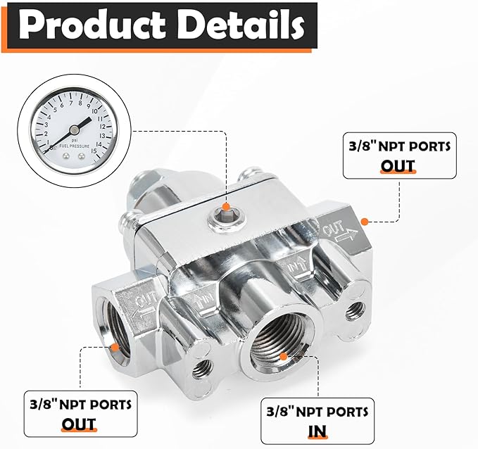 12-804 Adjustable Fuel Pressure Regulator with Gauge, Compatible with Holley and Edelbrock Carburetors, 1-4 PSI, 3/8" NPT, 1-in 2-Out