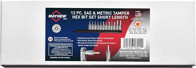 Mayhew Tools 16021 SAE and Metric Tamper Hex Socket Bit Set, Chrome Plated, 12-Piece