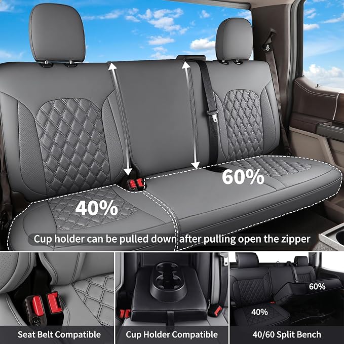 Huidasource Ford Gray Seat Covers, Car Seat Cushion Cover Fit for 2015-2026 Ford F150 SuperCrew & 2017-2026 F250 F350 F450 Super Duty Crew Cab XL XLT Lariat King Ranch Platinum (Full Set/Gray)