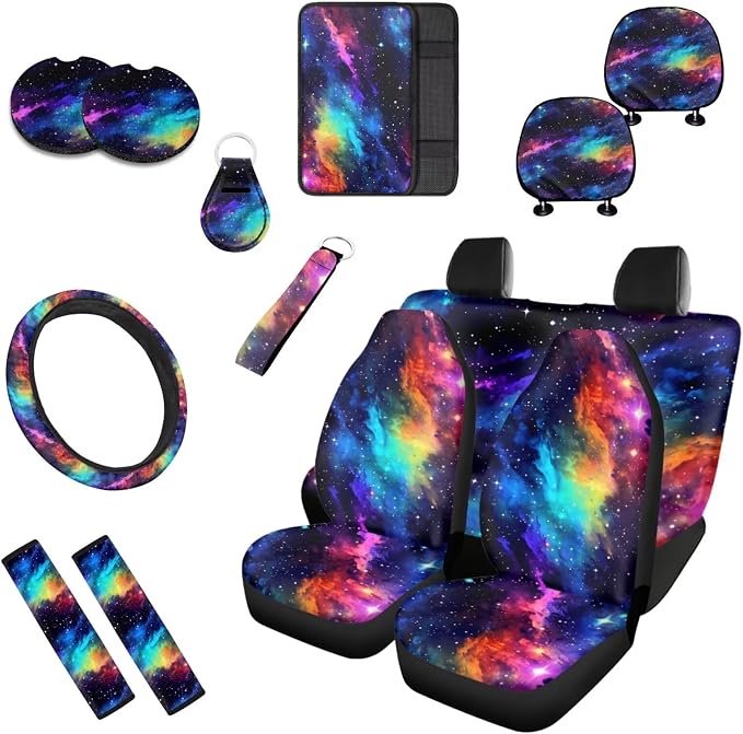 Starry Sky Car Seat Cover Full Set Colorful Galaxy Universe Outer Space Painting 13 Pcs Print Front/Rear Split Bench Protection Universal Fit for Auto Truck Van SUV