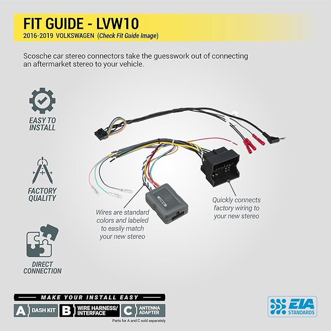 Scosche LVW10 Link Factory Radio Replacement Interface Adapter Compatible with Select Non-Amplified 2016-19 Volkswagen Vehicles - Retain Steering Wheel Control - Car Stereo Wiring Harness