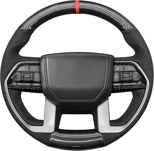 MEWANT Steering Wheel Cover Compatible with Toyota Tacoma 2024 / Tundra 2022-2024 / Sequoia 2023-2024 Hand-Stitched Carbon Fiber&Suede Steering Wheel Wrap