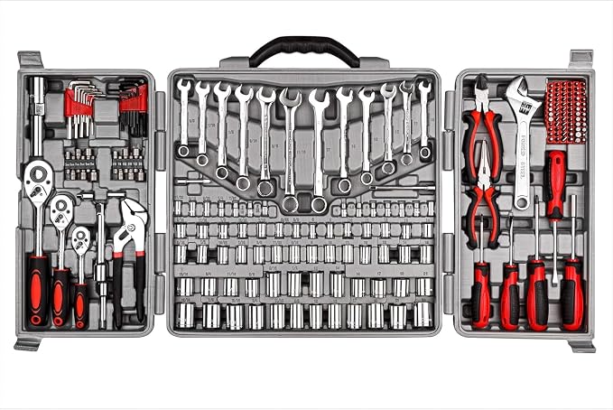 CARTMAN 205 Piece Ratchet Wrench Tool Set,1/4" & 3/8" & 1/2" Drive with SAE/Metric Sockets Kit in Plastic Toolbox