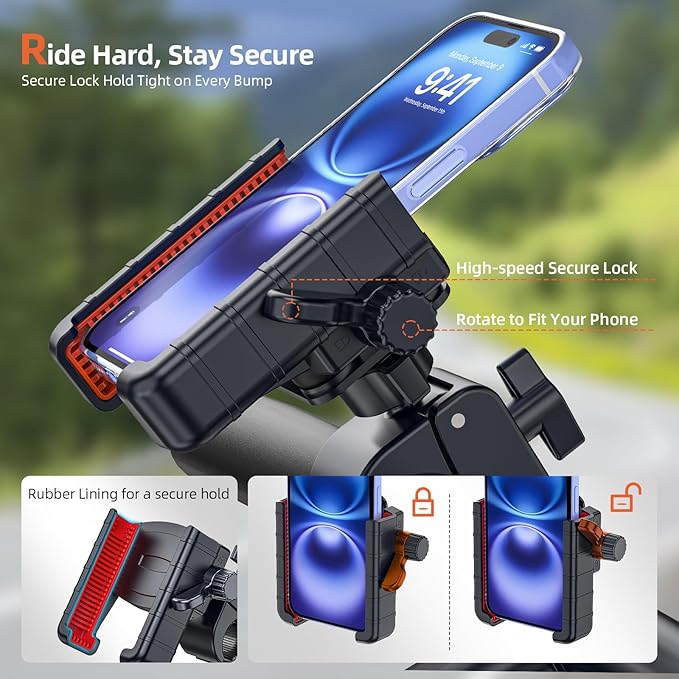 3rd Gen Shockproof Bike Phone Holder, Anti Vibration Motorcycle Phone Mount with Secure Lock, Universal Handlebar Mount for E-Bike, Electric Scooter, Bicycle, ATV, Fits 4.7-7 Inch Phones