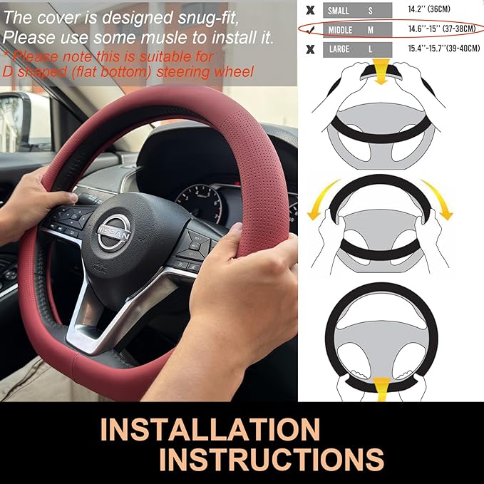 PINCTROT D Shaped Nappa Leather Steering Wheel Cover, Slim Fit No Bulk Design, One Piece Leather with Breathable Perforation, Fit Like Gloves, Flat Bottom 14.5-15 Inch(Nappa Rust Red)