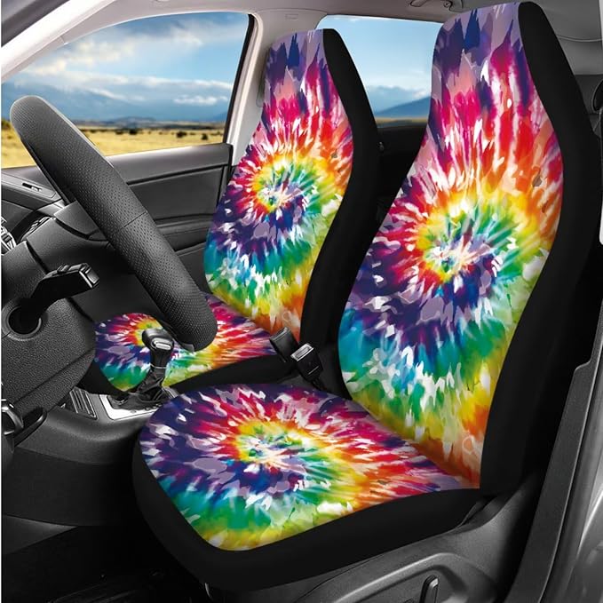 BIGCARJOB Tie Dye Print Car Accessories Full Set 12 Pcs Car Seat Covers Set for Front Back,Steering Wheel Covers,Armrest Pads,Coaster