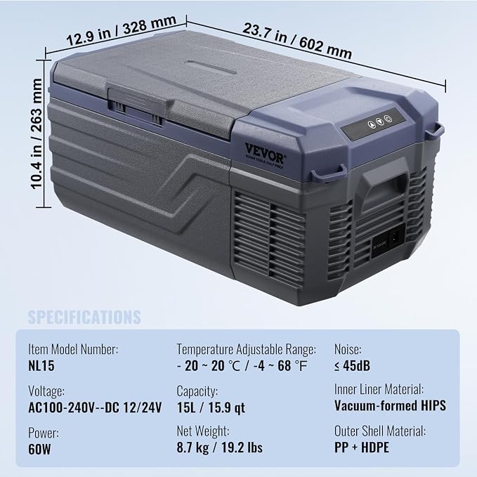 VEVOR 12 Volt Car Refrigerator Fridge, 15 L Single Zone Portable Freezer, -4℉-68℉ Adjustable Range, 12/24V DC and 100-240V AC Compressor Cooler for Outdoor, Camping, RV, Grey