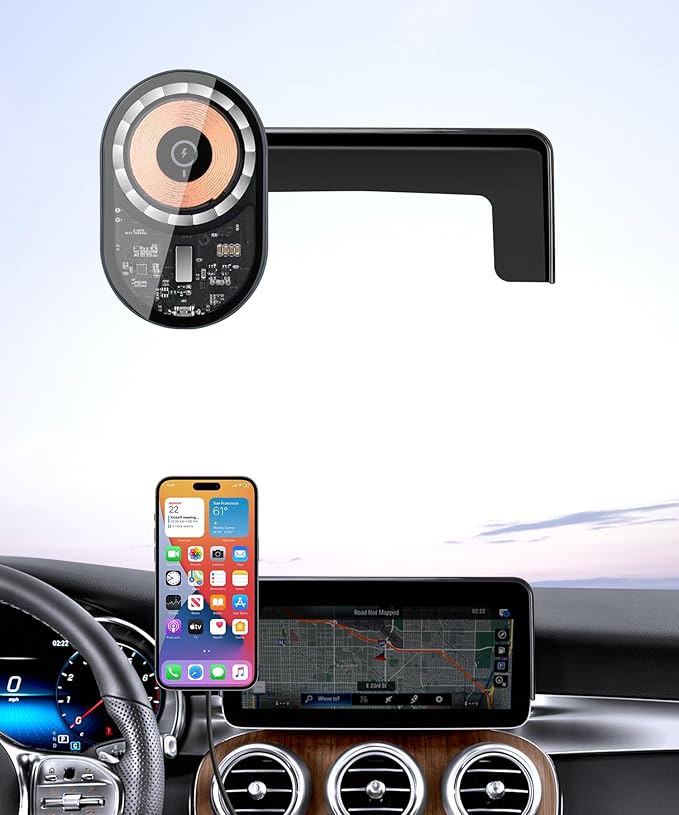 Wireless Charging Car Phone Holder for Mercedes Benz GLC-Class 2020-2022 / C-Class 2019-2021, 10.25" Screen Fixed Clip, 360° Rotation Car Phone Mount Compatible with MagSafe