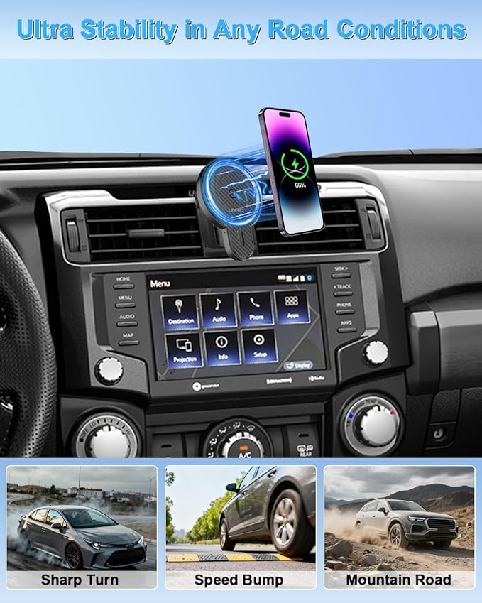 PZK Car Phone Holder for 2010 2012 2013-2024 Toyota 4 Runner Accessories Custom Air Vent Fixed Clip Magnetic 15W Fast Wireless Charging Car Phone Mount 360° Rotation Automobile Phone Cradles