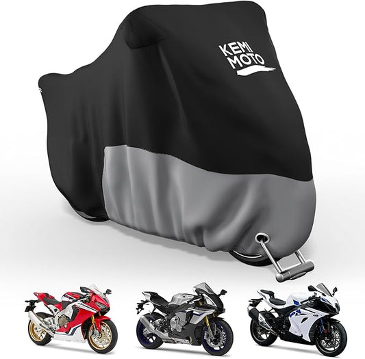 KEMIMOTO Heavy Duty 420D Waterproof Motorcycle Cover for Fit for Ninja 500 650 400 R1 R3 CBR GSXR ZX-6R S1000R Sport Bikes Outdoor All-Weather Protection for Rain Snow Sun Dust Cover with Lock Hole