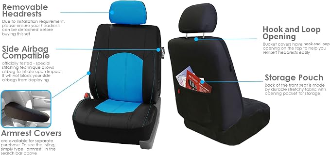 FH Group Automotive Seat Cover Highest Grade Faux Leather Blue Black Full Set, Combo Car Seat Cover Design Airbag Compatible Split Bench Tan Car Seat Cover Interior Accessories Universal Fit SUV