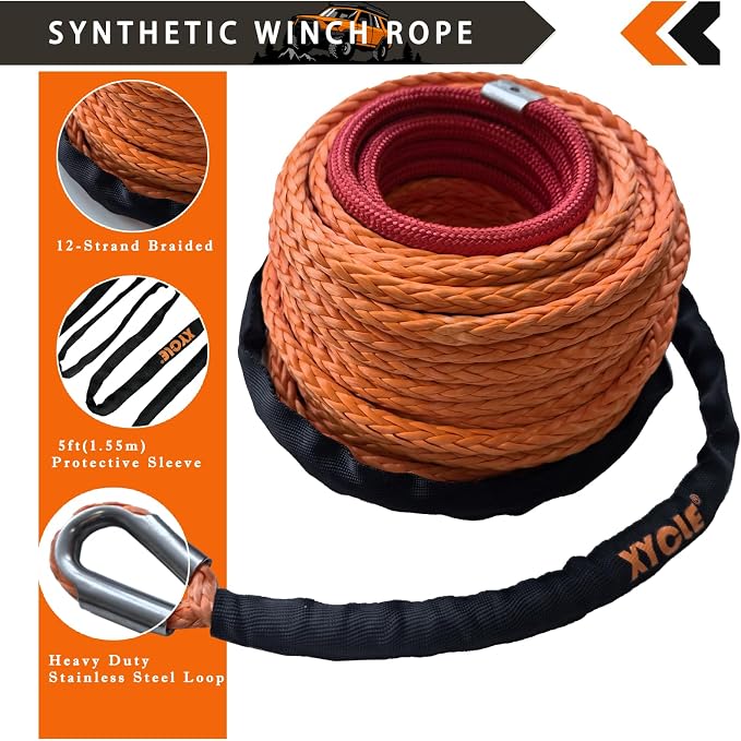 Synthetic Rope Towing Winch Fairleads,OrangeBlack | 3/8" x 90 foot synthetic winch Rope, 10"Aluminum cable guide, Foldable forged trailer hook kit