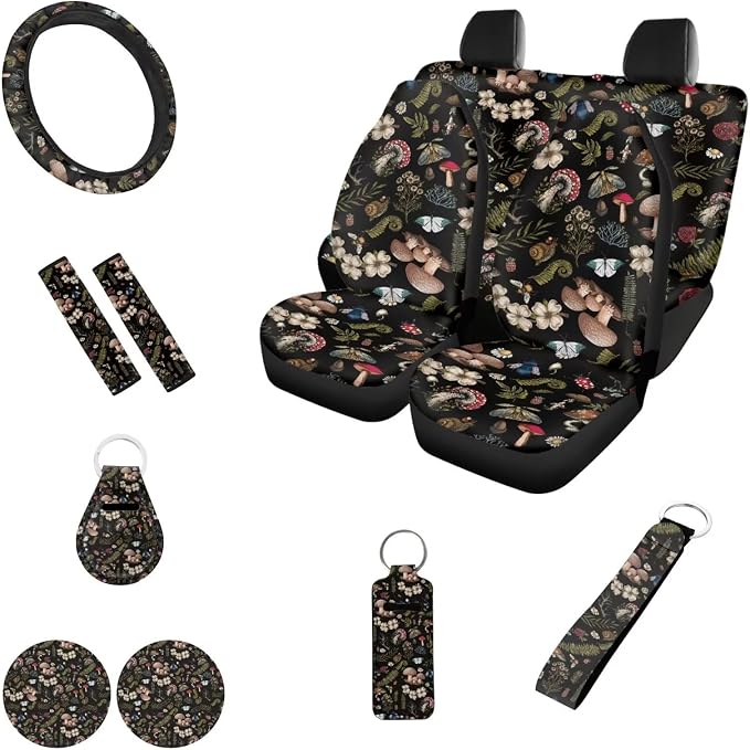 Butterfly Mushroom Car Seat Cover Full Set for Front Back,Seatbelt+KeychainsMushrooms Car Coaster15Inch Car Steering Wheel Cover,12PCS Hippie Mushroom Car Accessory Set for Women Men