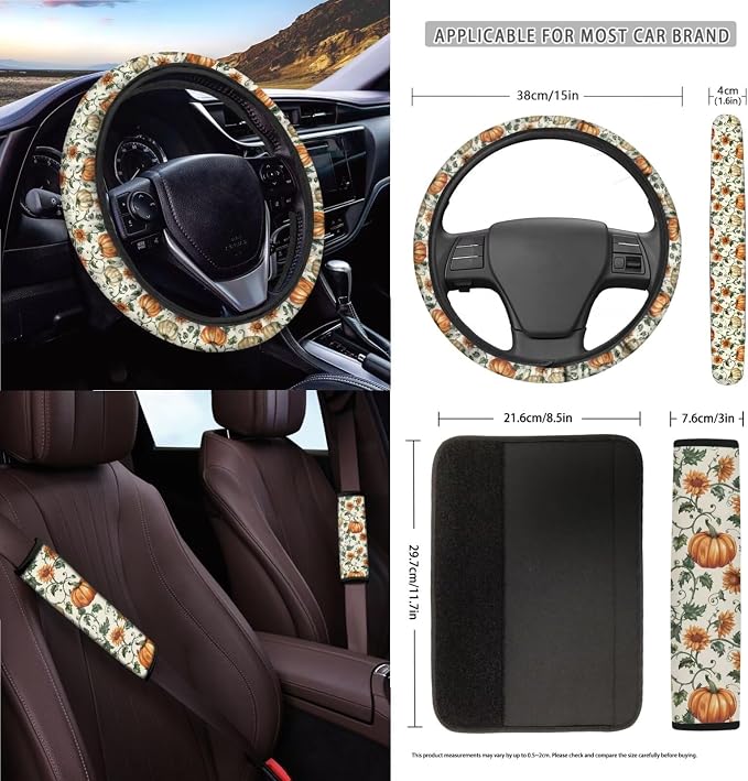 Pumpkin Sunflower Print Full Set Car Seat Cover, Steering Wheel Cover, Seat Belt Pad, Trash Can, Keychain, Coasters, 15pcs Car Interior Thanksgiving Decoration