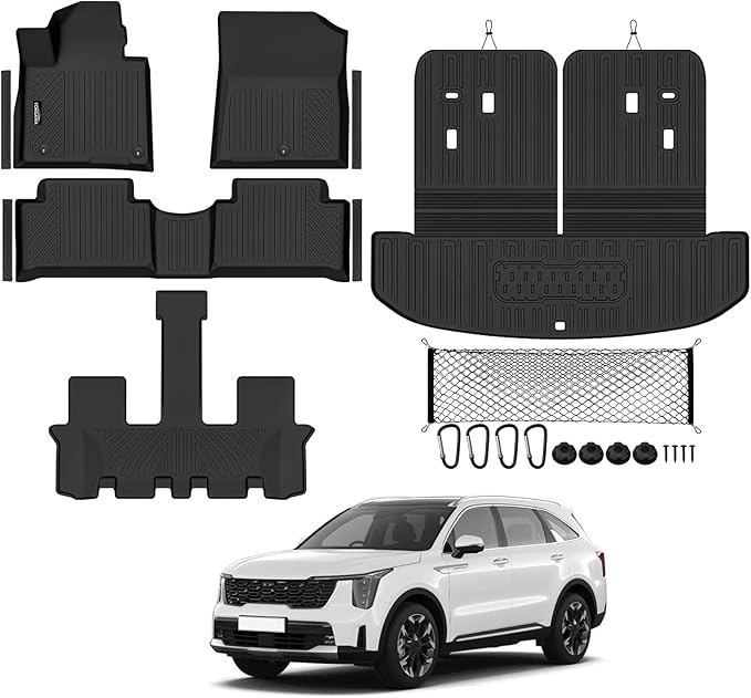 Tongama-Floor Mats for 2021-2026 Kia Sorento Gas(Not for Hybrid), All Weather TPE Trunk Mat with Backrest Mat Protectors and Cargo Net and Door Sill Guards for Kia Sorento Gas Floor Liner Accessories