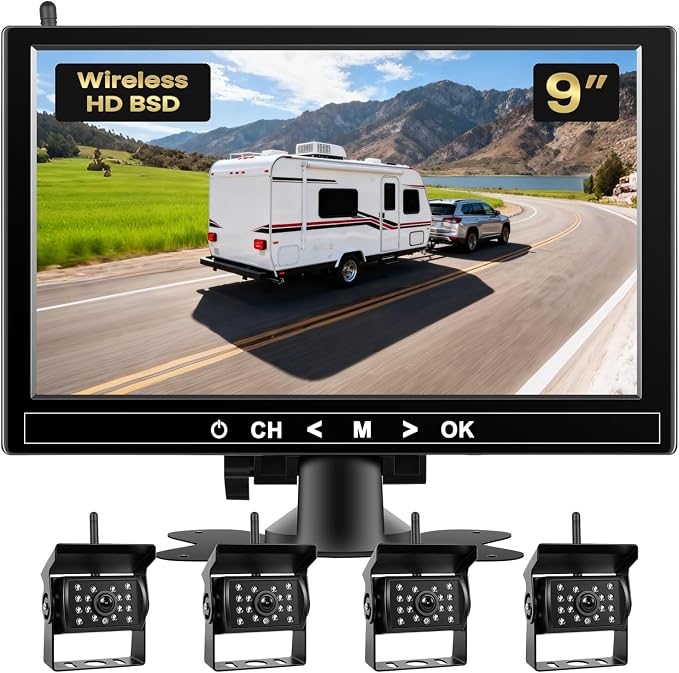 9 Inch Wireless Backup Camera System, Support up to 4 Cameras, 1080P HD 150° Wide Angle, IP68 Waterproof, 4 Split View, BSD Blind Spot Detection, 12-36V Wide Voltage for Truck RV Trailer Van